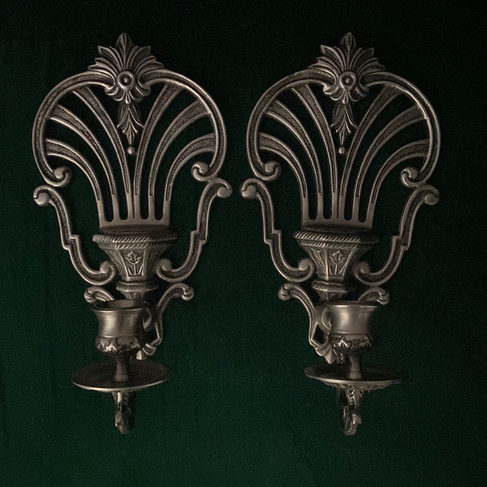 VINTAGE PEWTER pair of Ornate Wall Sconces RARE